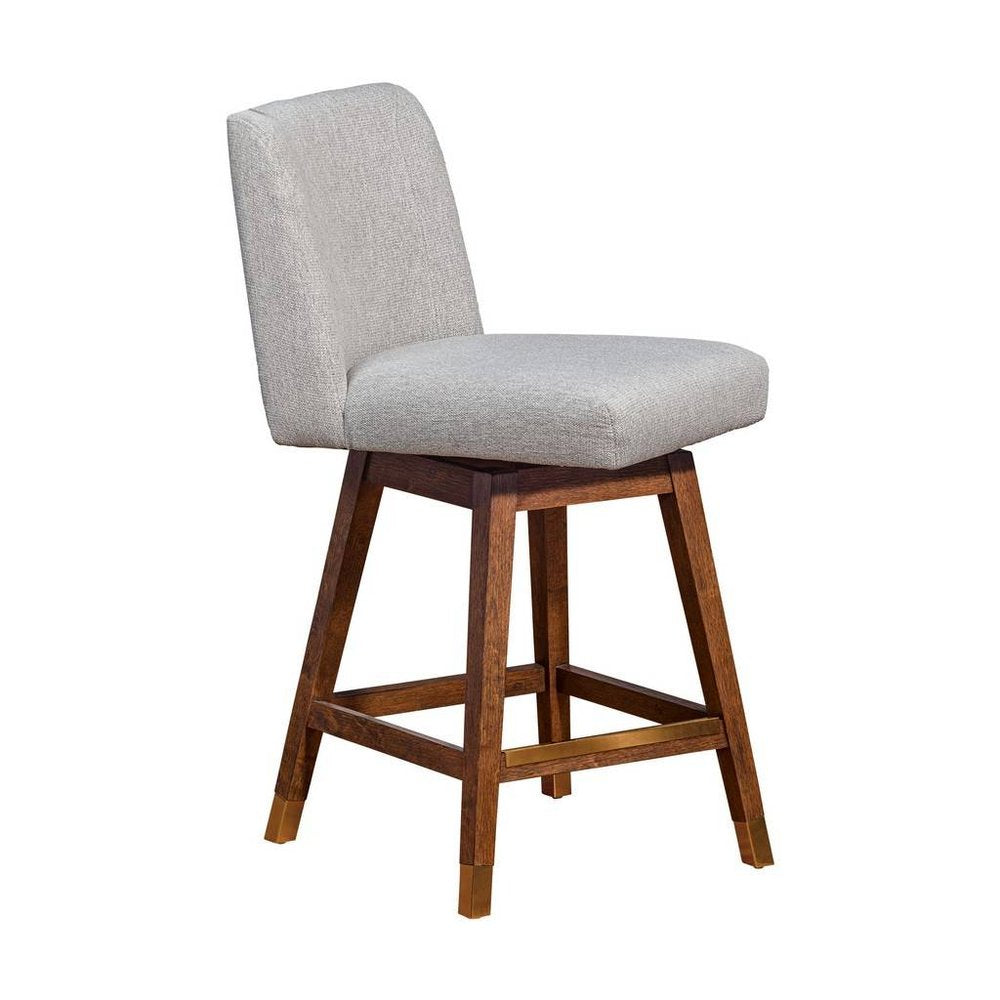 26" Taupe And Brown Fabric And Solid Wood Counter Height Swivel Bar Chair HomeRoots