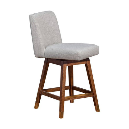 26" Taupe And Brown Fabric And Solid Wood Counter Height Swivel Bar Chair HomeRoots