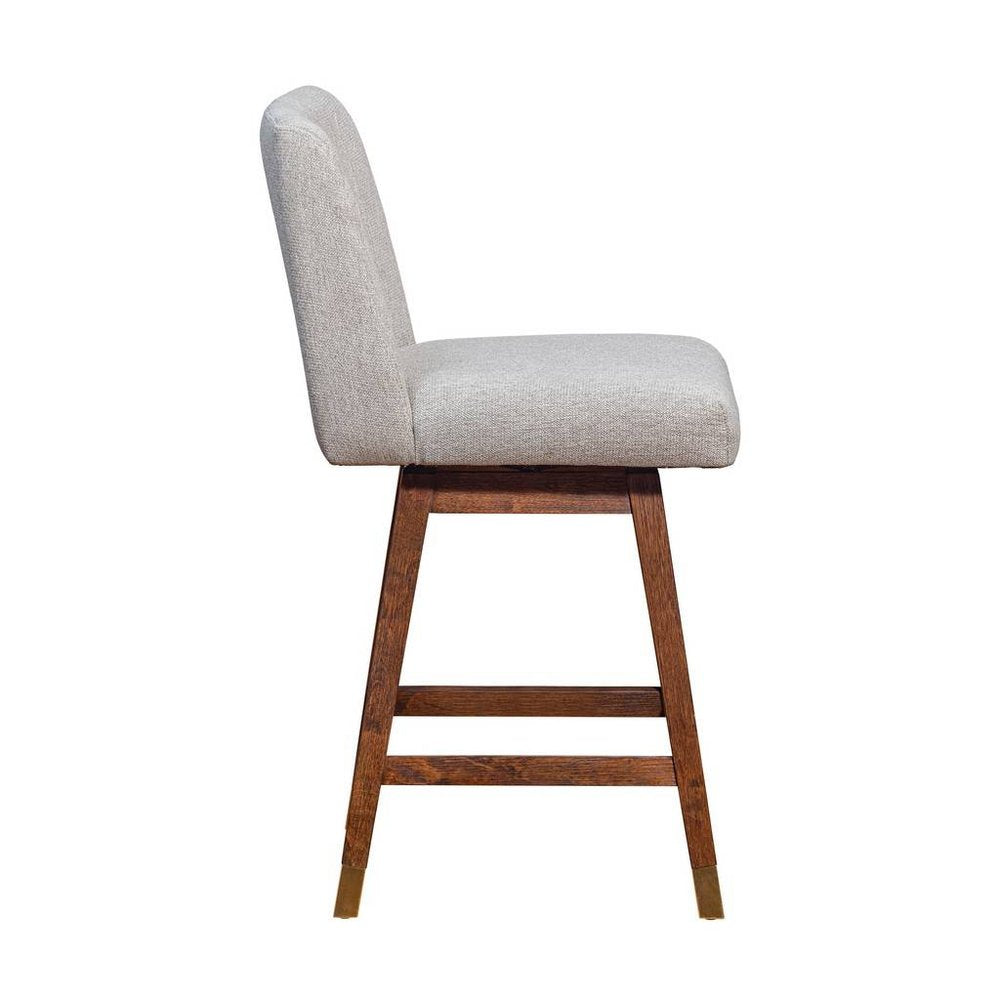 26" Taupe And Brown Fabric And Solid Wood Counter Height Swivel Bar Chair HomeRoots