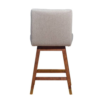 26" Taupe And Brown Fabric And Solid Wood Counter Height Swivel Bar Chair HomeRoots