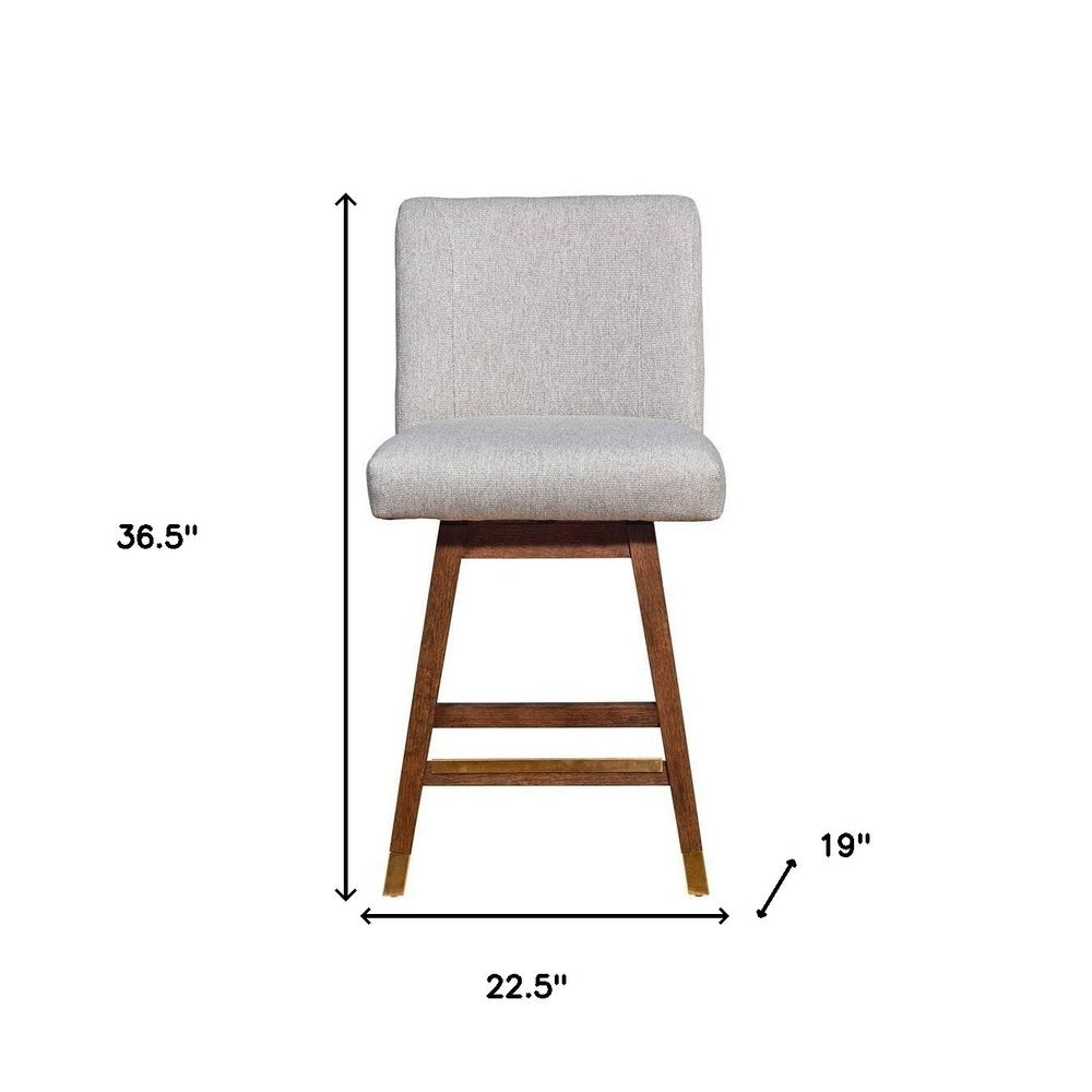 26" Taupe And Brown Fabric And Solid Wood Counter Height Swivel Bar Chair HomeRoots