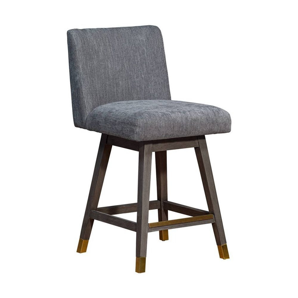 26" Gray And Brown Fabric And Solid Wood Counter Height Swivel Bar Chair HomeRoots