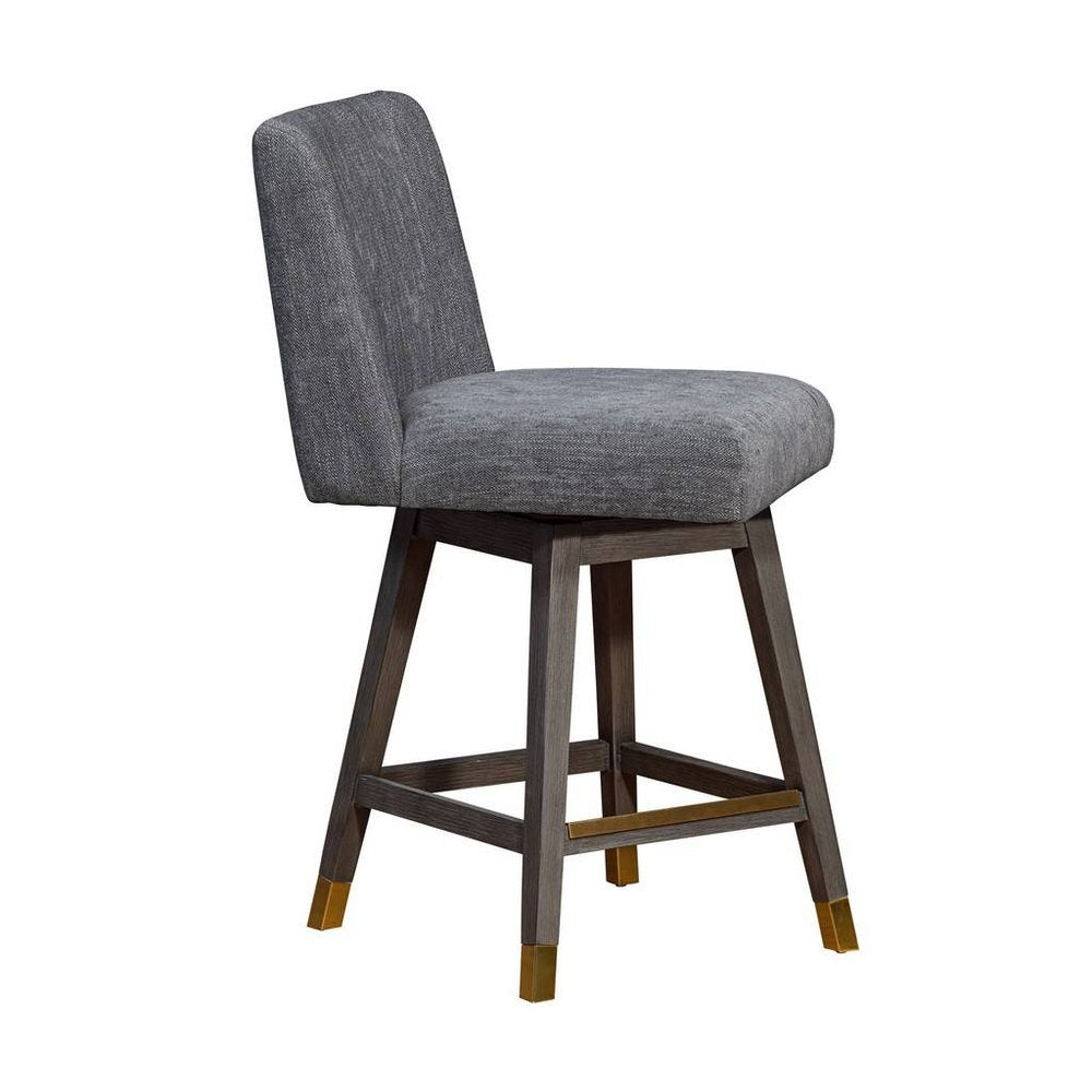 26" Gray And Brown Fabric And Solid Wood Counter Height Swivel Bar Chair HomeRoots