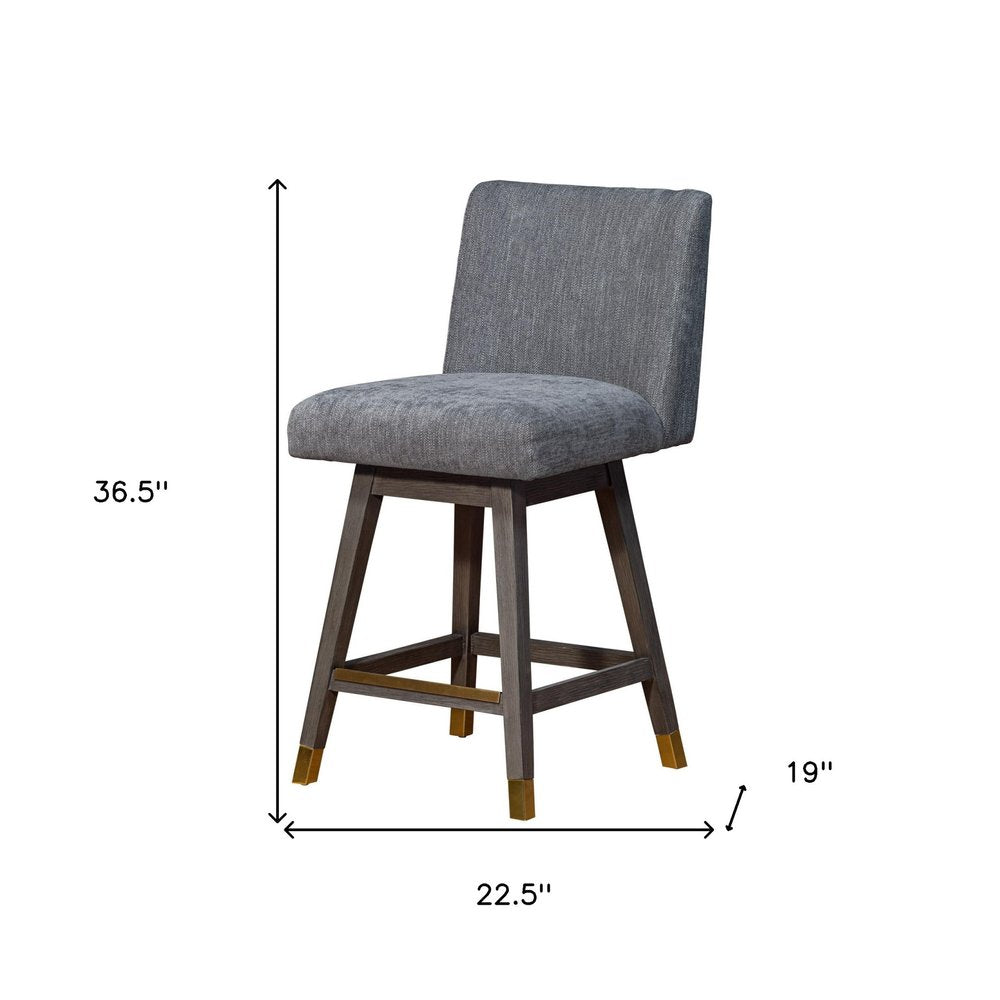 26" Gray And Brown Fabric And Solid Wood Counter Height Swivel Bar Chair HomeRoots