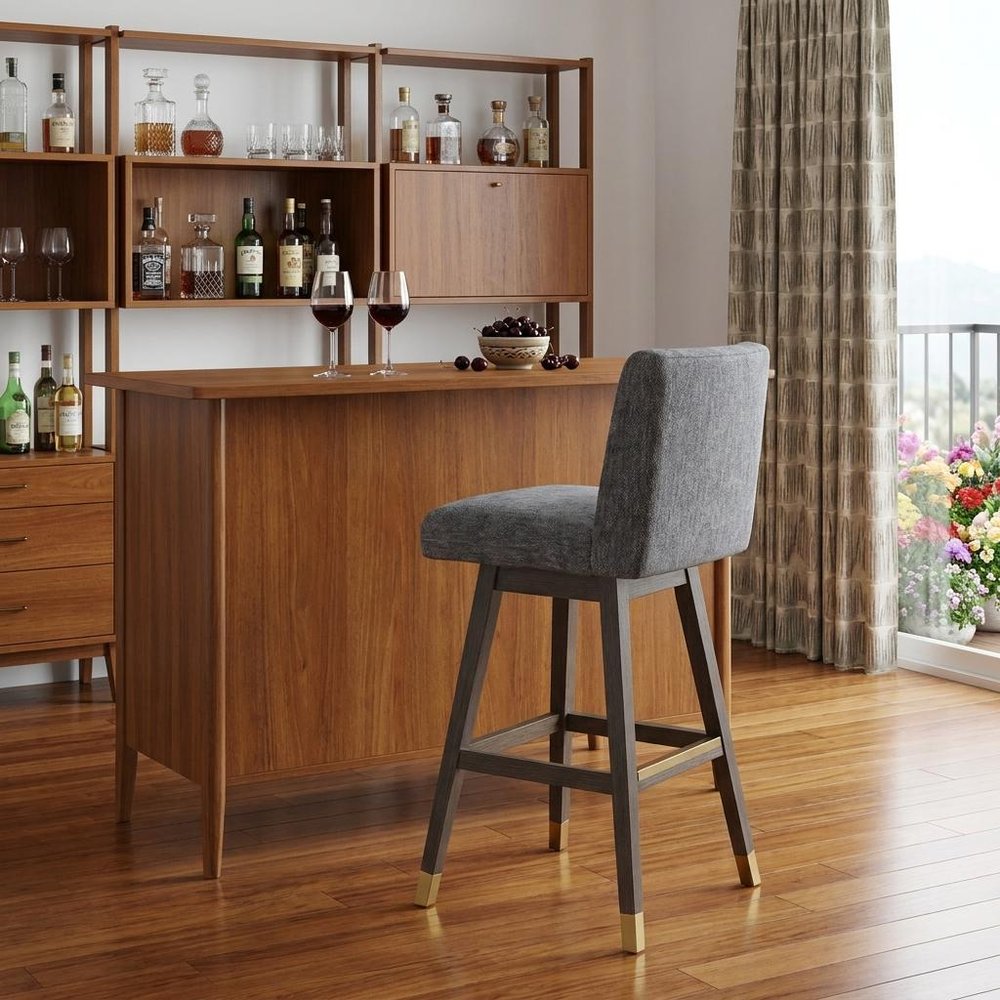 30" Gray And Brown Solid Wood Bar Height Swivel Bar Chair HomeRoots