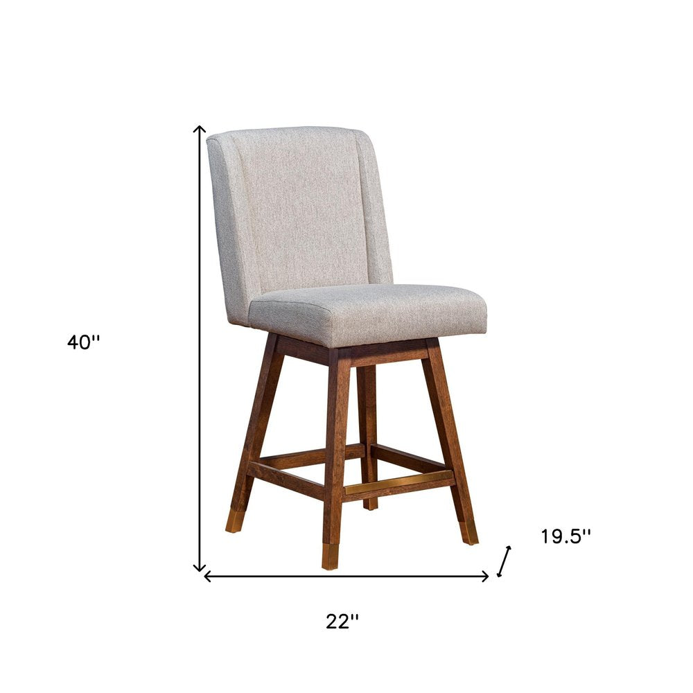 26" Taupe And Brown Fabric And Solid Wood Swivel Bar Chair HomeRoots