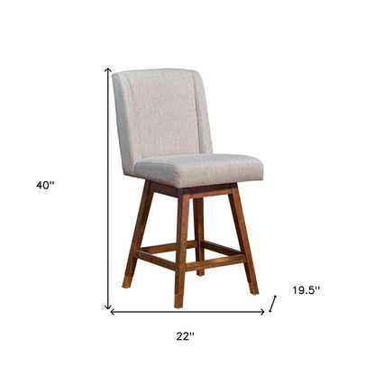 26" Taupe And Brown Fabric And Solid Wood Swivel Bar Chair HomeRoots