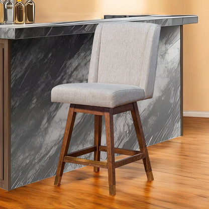 26" Taupe And Brown Fabric And Solid Wood Swivel Bar Chair HomeRoots