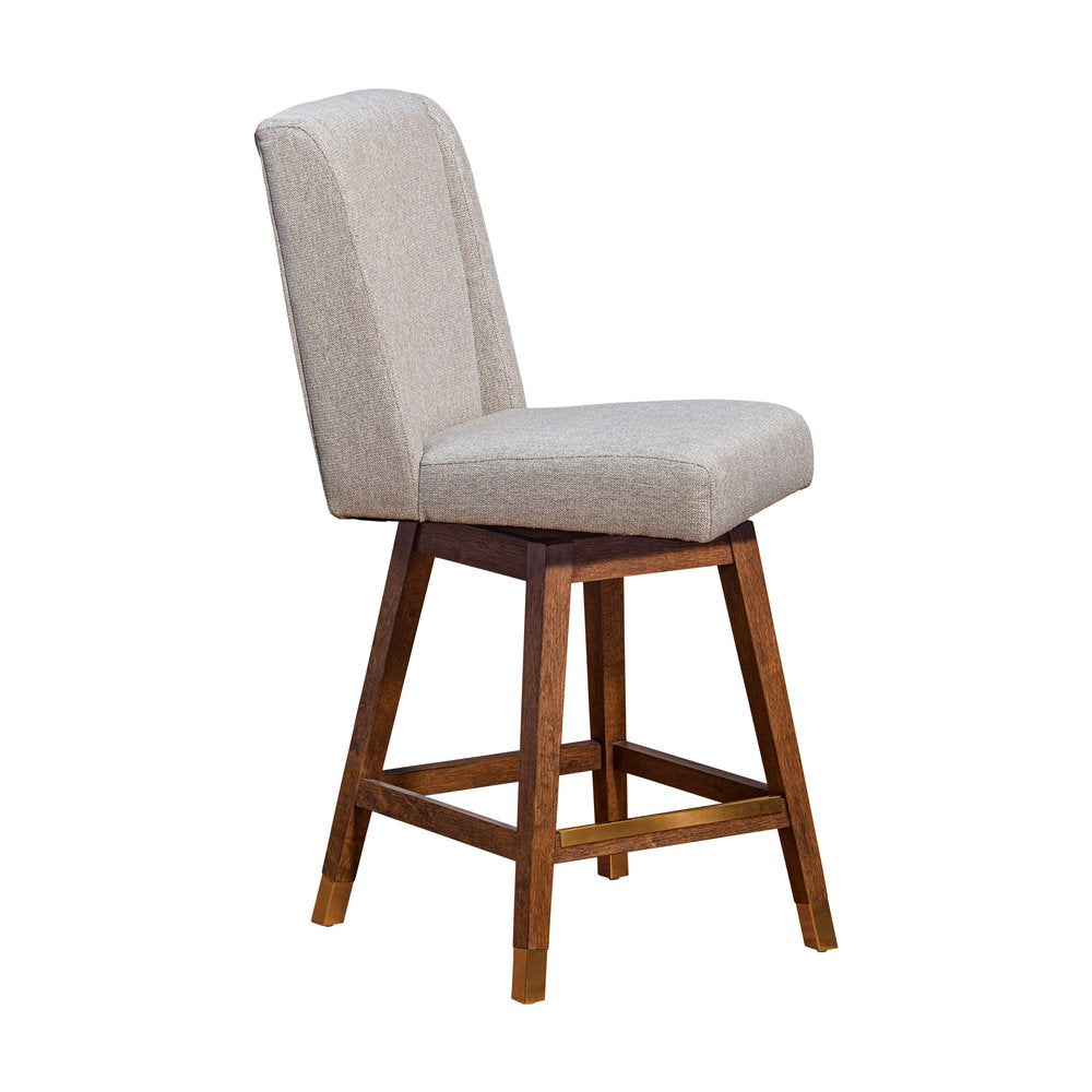 26" Taupe And Brown Fabric And Solid Wood Swivel Bar Chair HomeRoots