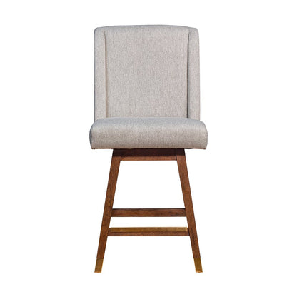 26" Taupe And Brown Fabric And Solid Wood Swivel Bar Chair HomeRoots