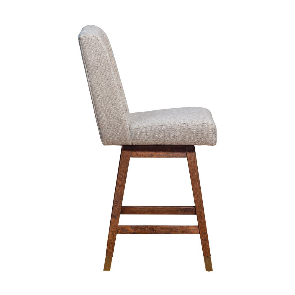 26" Taupe And Brown Fabric And Solid Wood Swivel Bar Chair HomeRoots