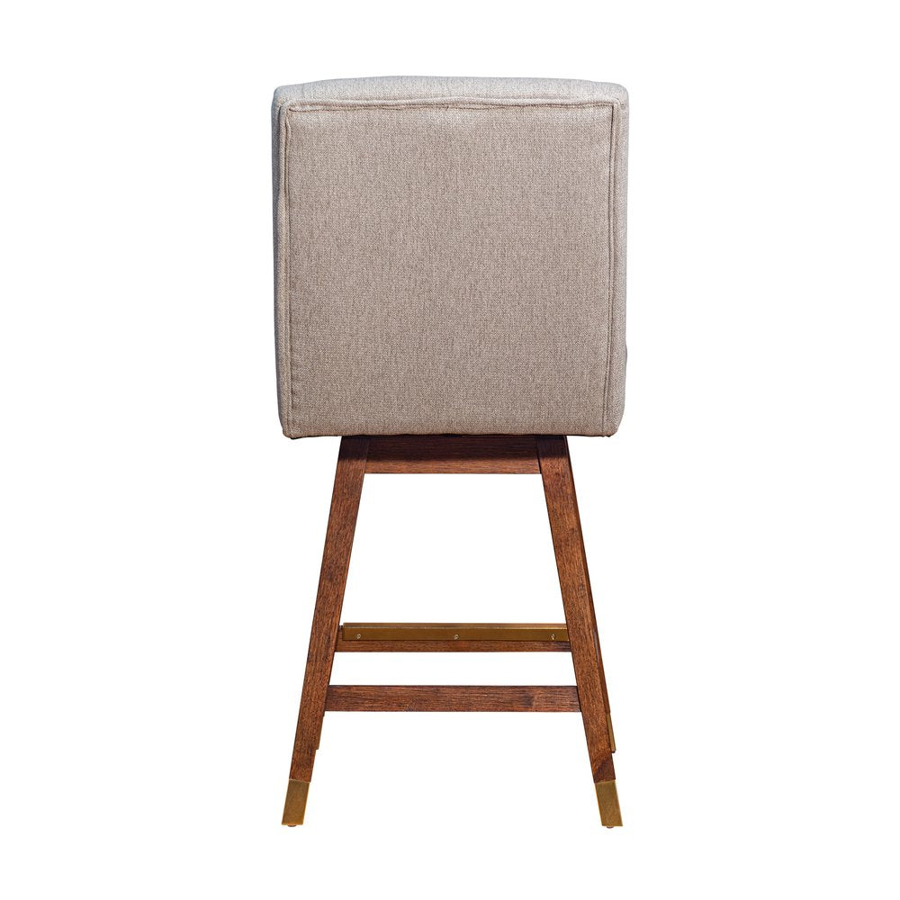 26" Taupe And Brown Fabric And Solid Wood Swivel Bar Chair HomeRoots