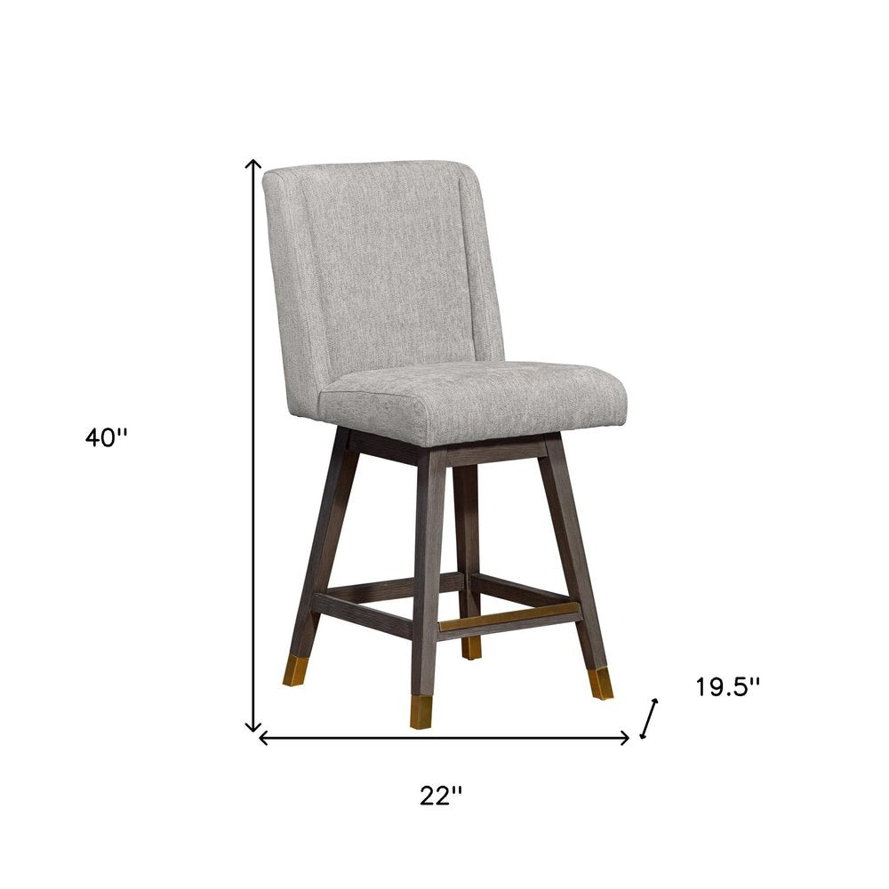 26" Brown And Gray Fabric And Solid Wood Counter Height Swivel Bar Chair HomeRoots
