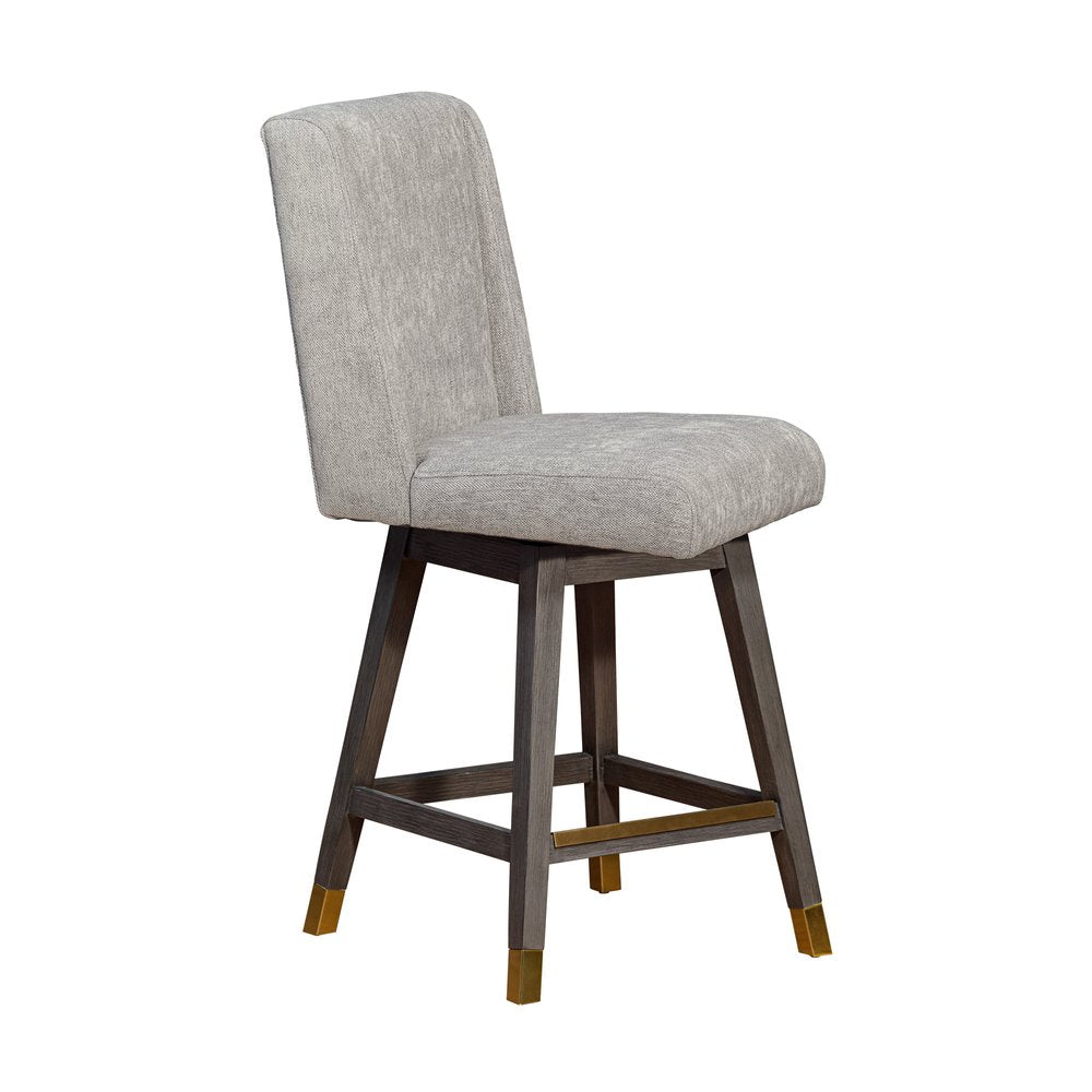 26" Brown And Gray Fabric And Solid Wood Counter Height Swivel Bar Chair HomeRoots