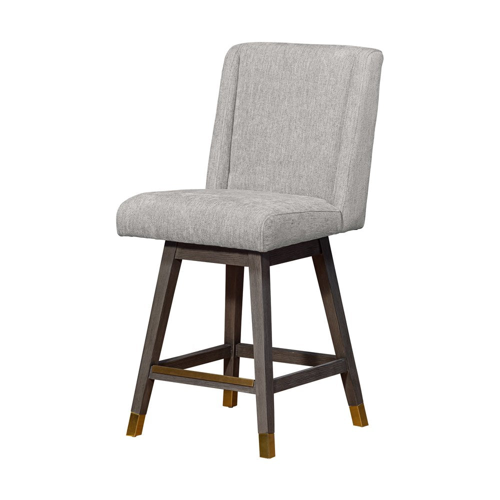 26" Brown And Gray Fabric And Solid Wood Counter Height Swivel Bar Chair HomeRoots