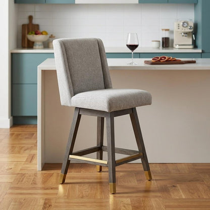 26" Brown And Gray Fabric And Solid Wood Counter Height Swivel Bar Chair HomeRoots