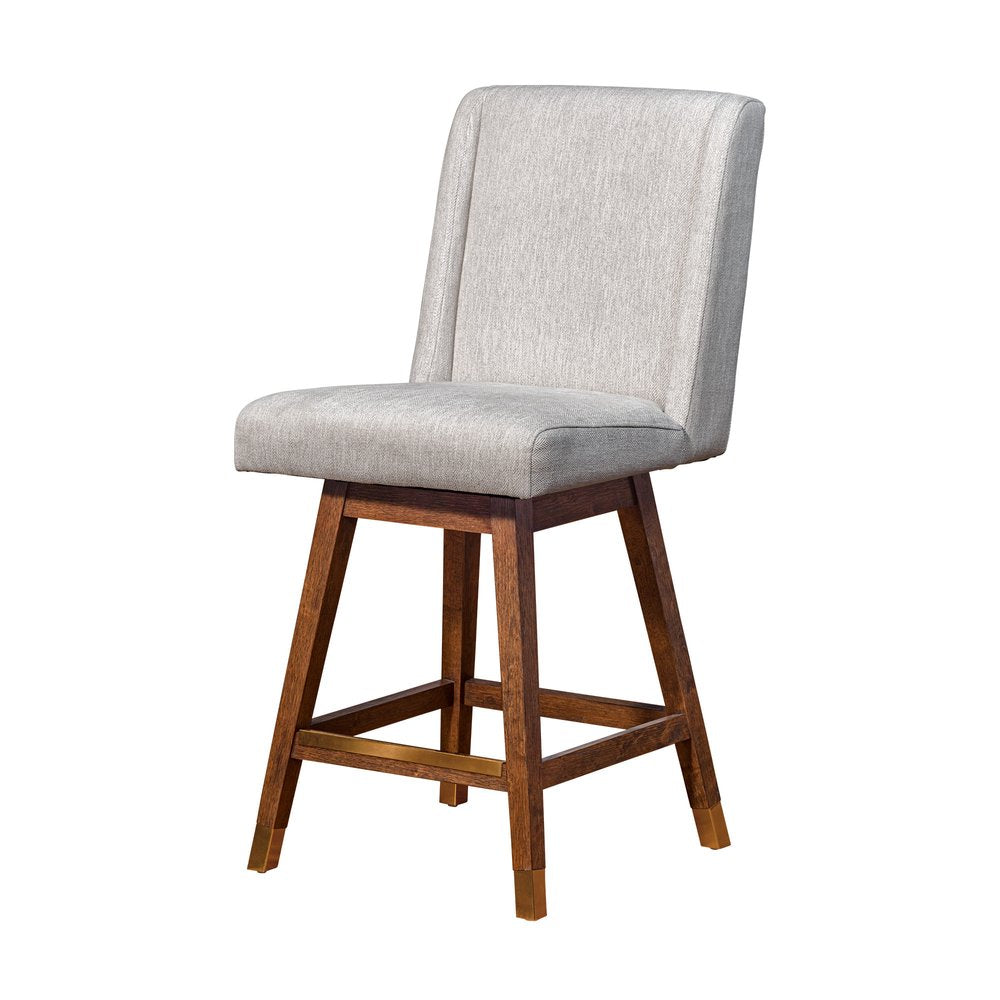 26" Beige And Brown Fabric And Solid Wood Counter Height Swivel Bar Chair HomeRoots