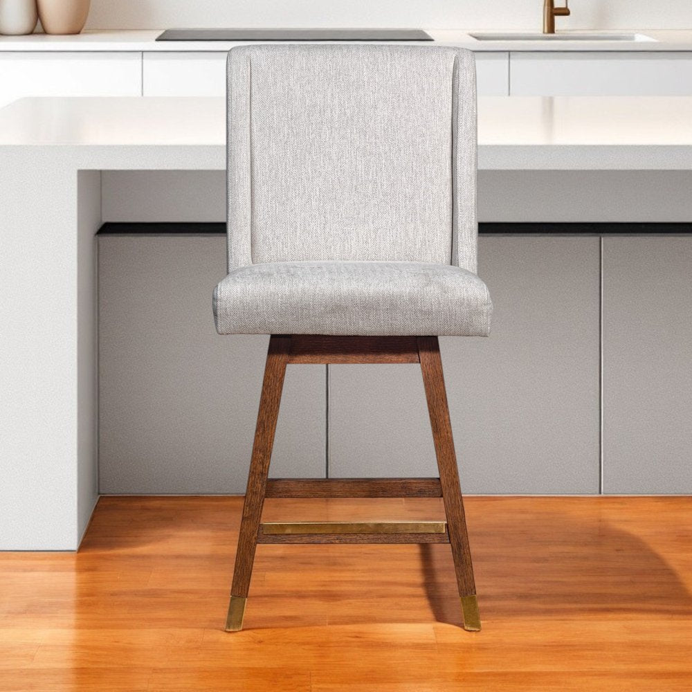 26" Beige And Brown Fabric And Solid Wood Counter Height Swivel Bar Chair HomeRoots