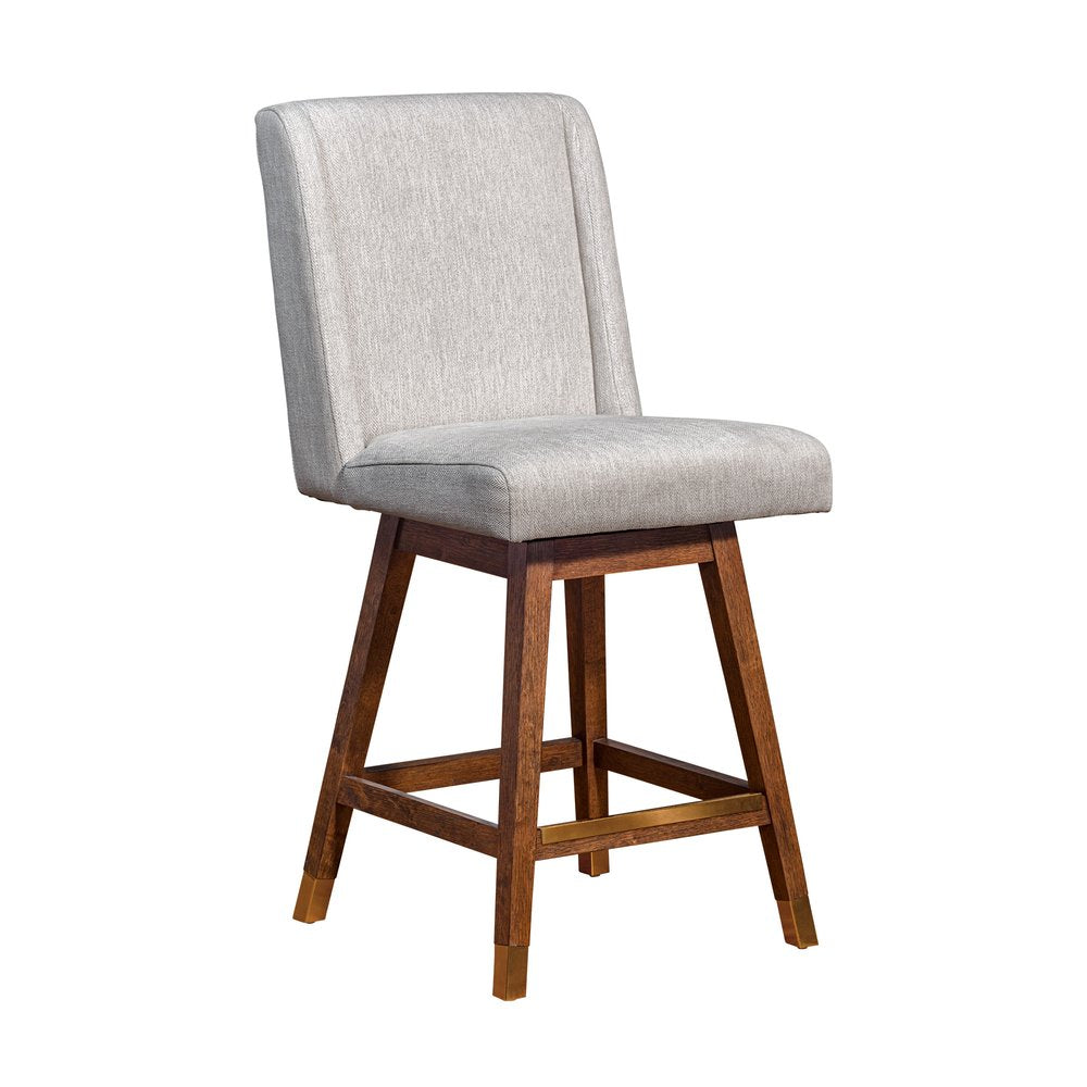 26" Beige And Brown Fabric And Solid Wood Counter Height Swivel Bar Chair HomeRoots