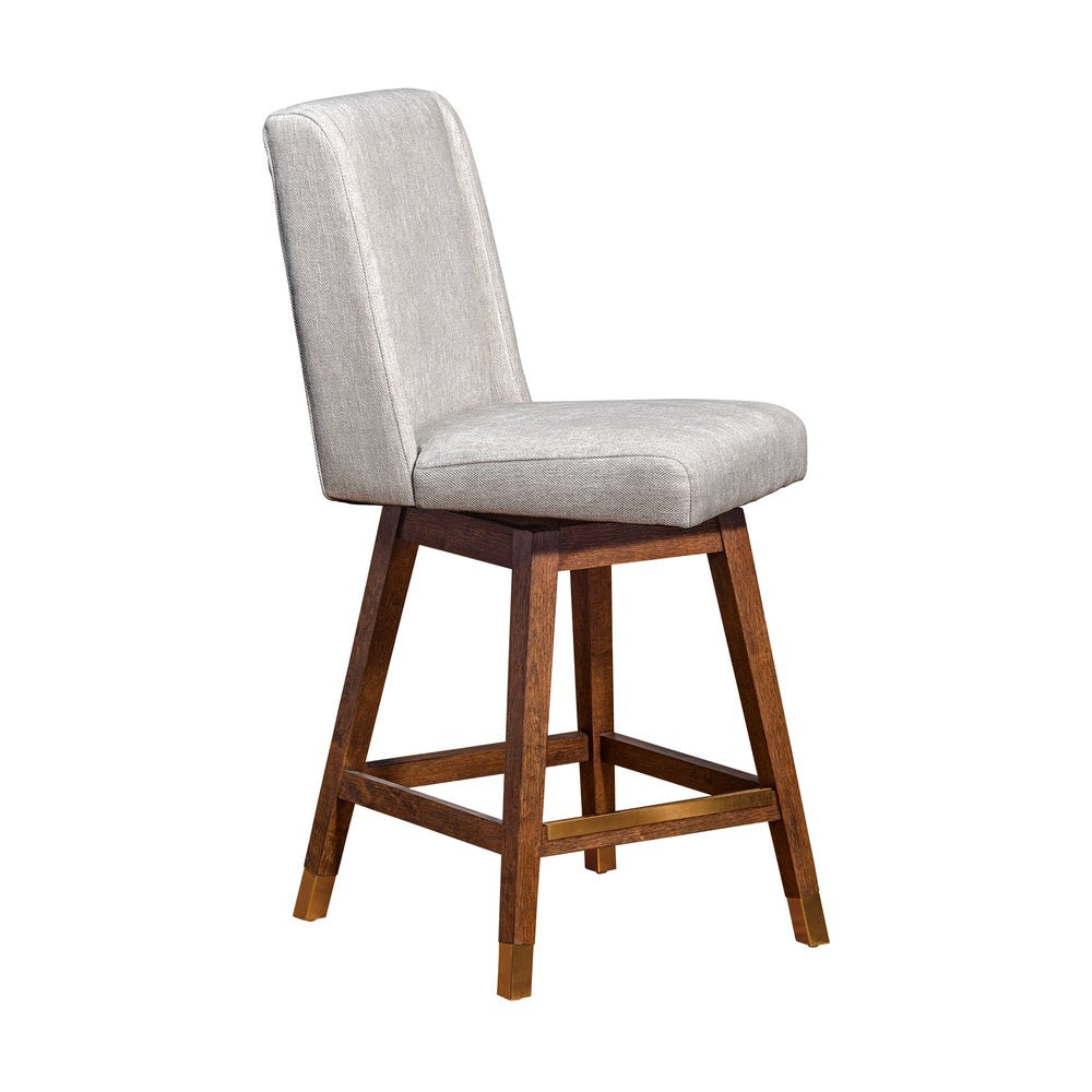 26" Beige And Brown Fabric And Solid Wood Counter Height Swivel Bar Chair HomeRoots