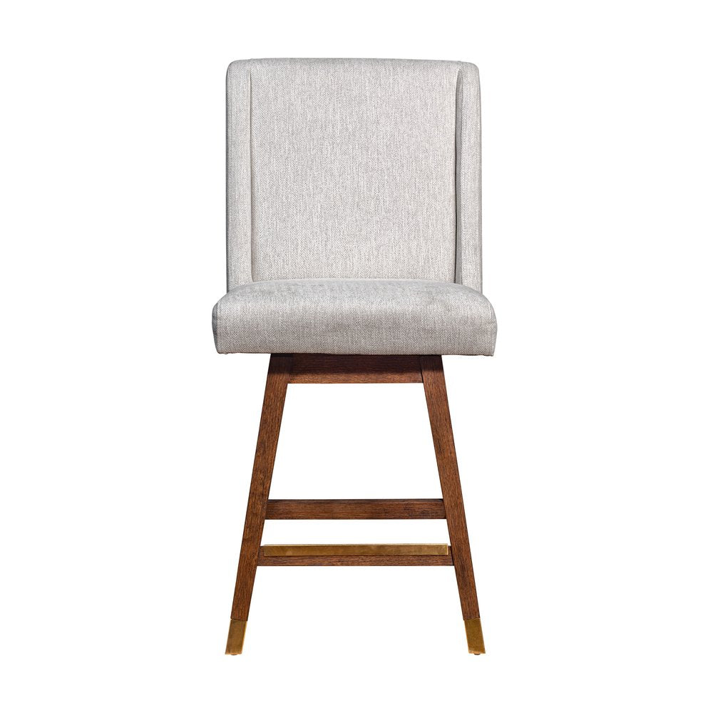 26" Beige And Brown Fabric And Solid Wood Counter Height Swivel Bar Chair HomeRoots
