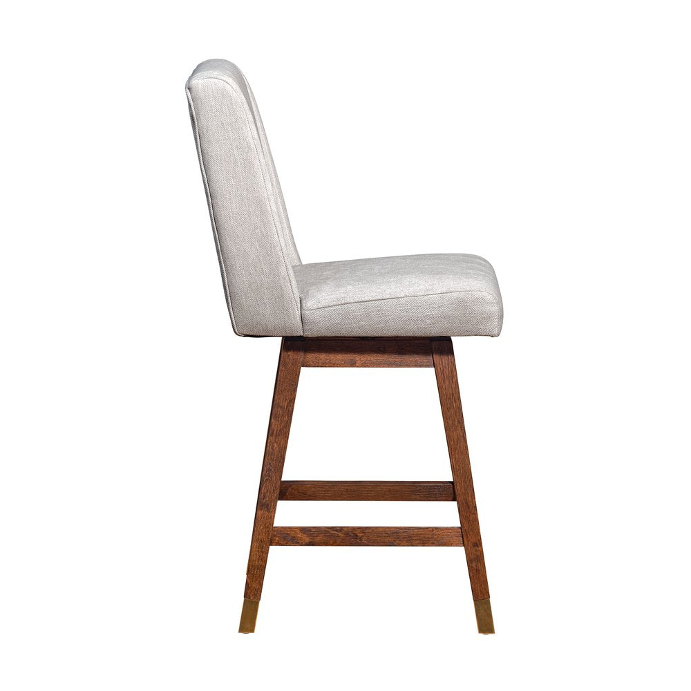 26" Beige And Brown Fabric And Solid Wood Counter Height Swivel Bar Chair HomeRoots