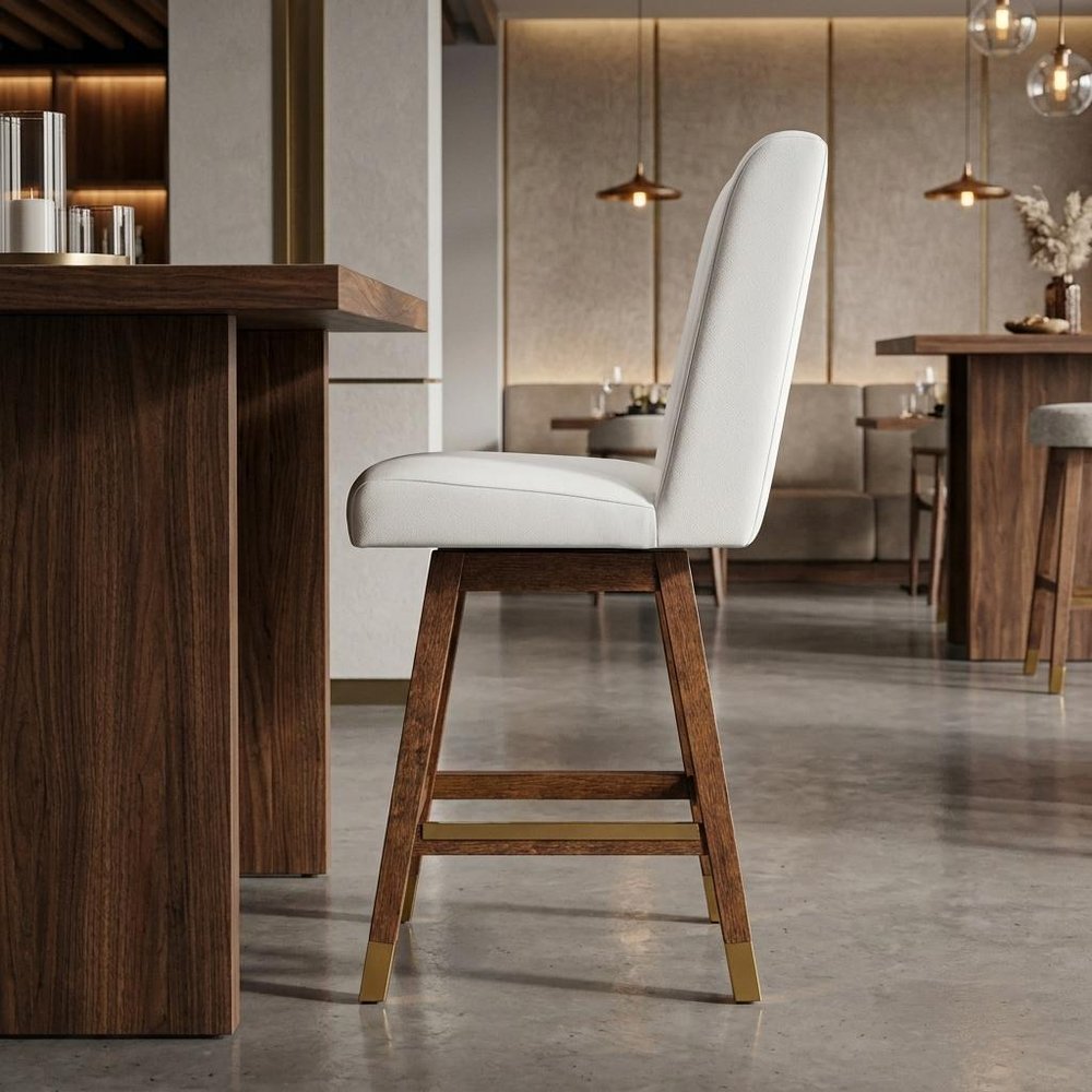 26" Beige And Brown Fabric And Solid Wood Counter Height Swivel Bar Chair HomeRoots