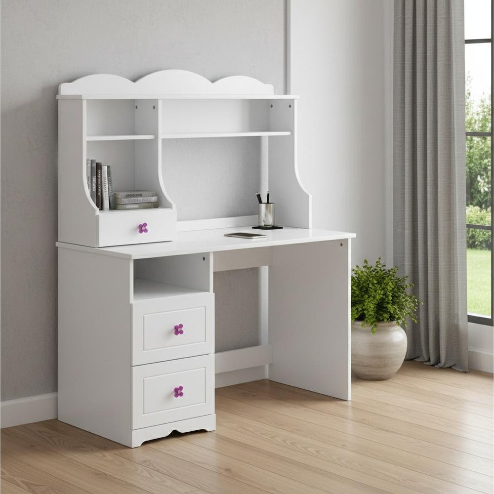 47" White Wood Writing Desk With Two Drawers HomeRoots