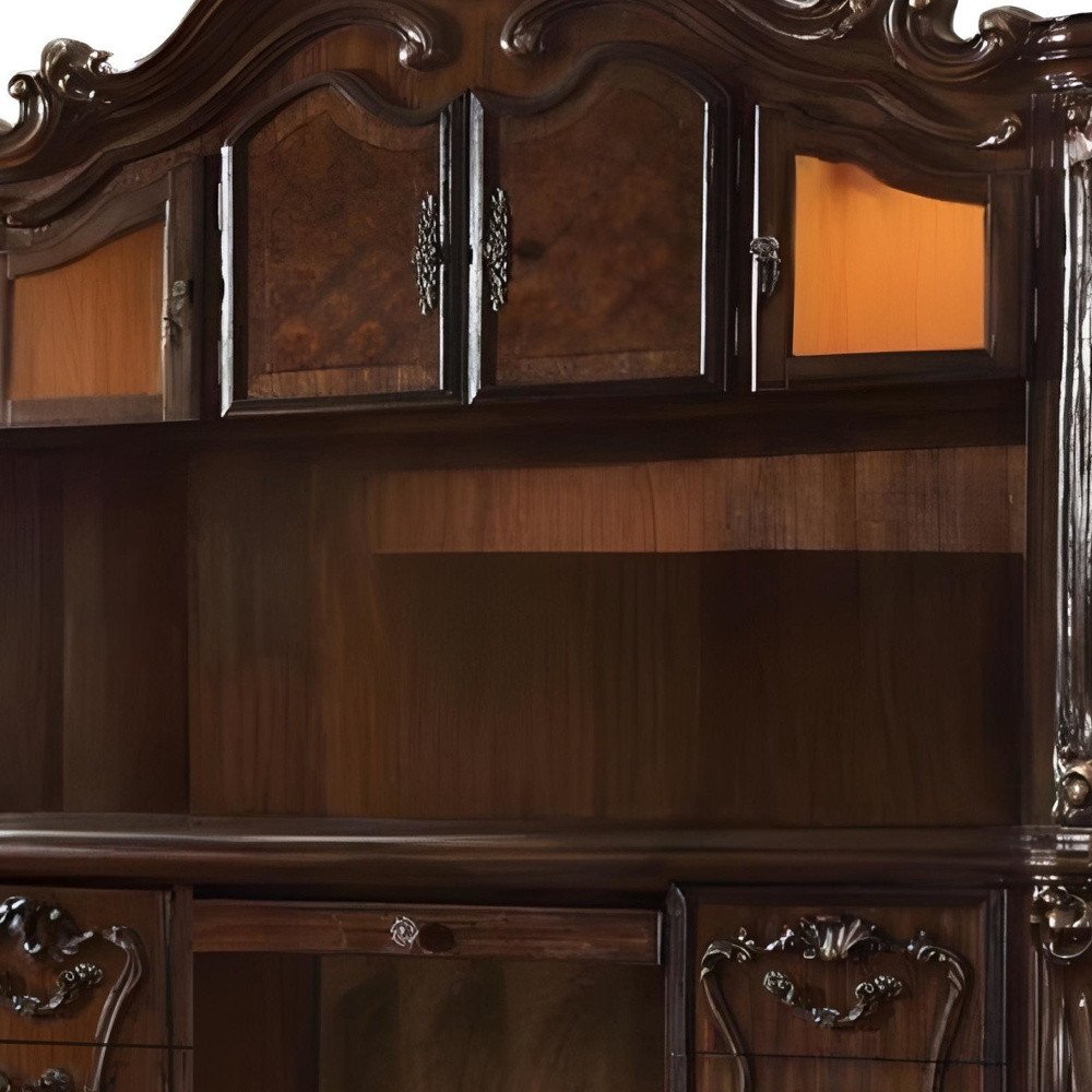 76" Dark Brown Wood Peninsula Credenza Desk With Four Cabinets Three Drawers HomeRoots