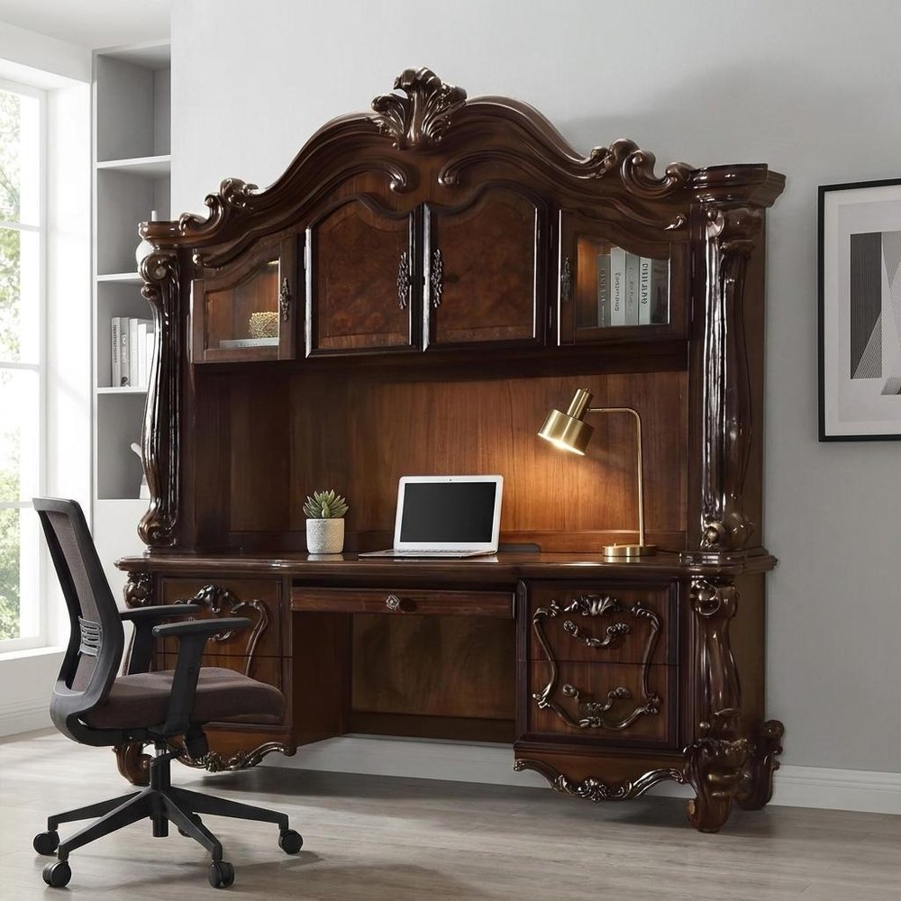 76" Dark Brown Wood Peninsula Credenza Desk With Four Cabinets Three Drawers — view 5