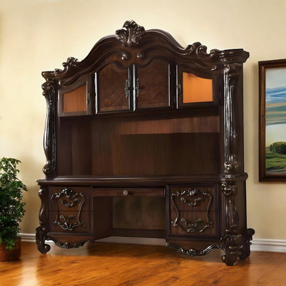76" Dark Brown Wood Peninsula Credenza Desk With Four Cabinets Three Drawers HomeRoots