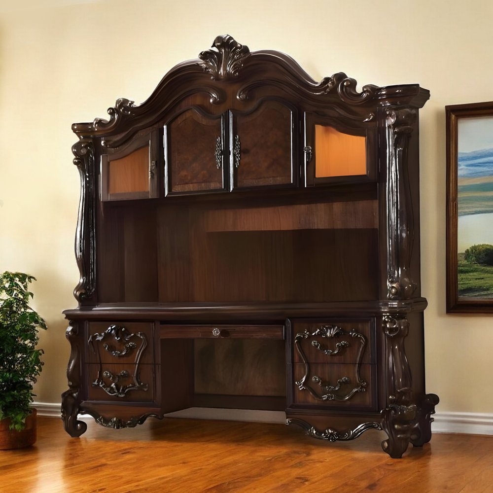 76" Dark Brown Wood Peninsula Credenza Desk With Four Cabinets Three Drawers HomeRoots
