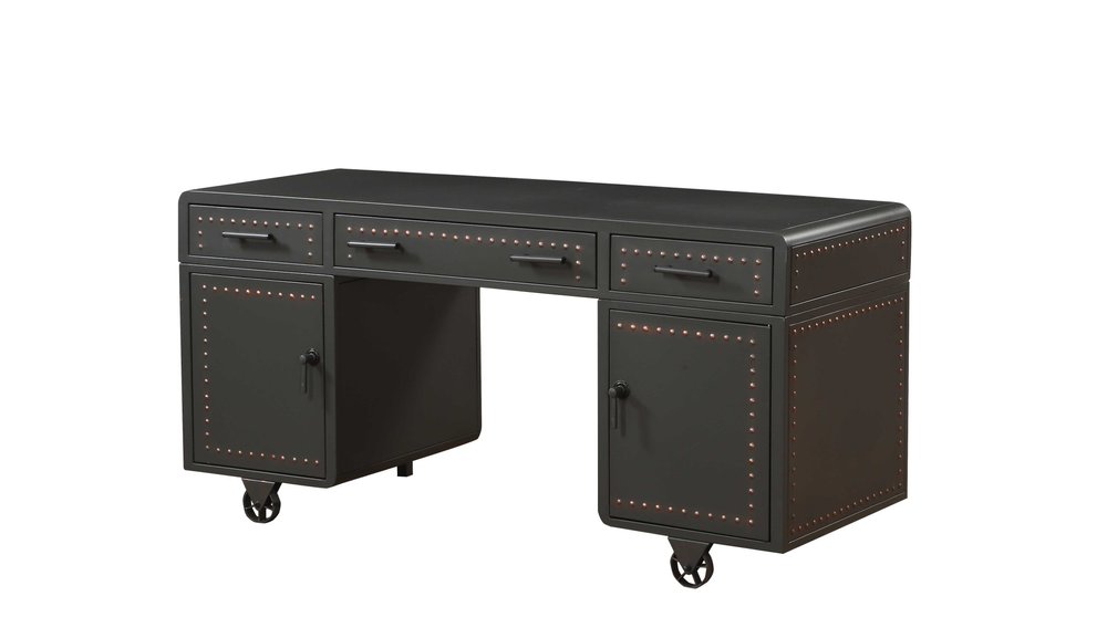 63" Gray Metal Executive Desk With Two Cabinets Three Drawers HomeRoots