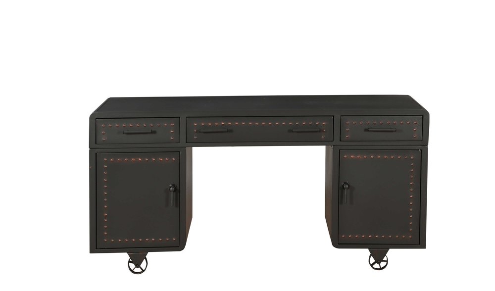63" Gray Metal Executive Desk With Two Cabinets Three Drawers HomeRoots
