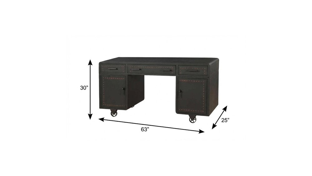 63" Gray Metal Executive Desk With Two Cabinets Three Drawers HomeRoots