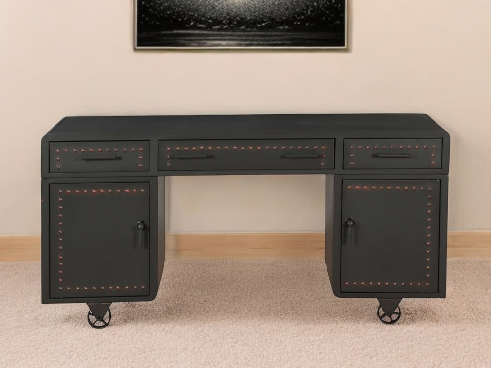 63" Gray Metal Executive Desk With Two Cabinets Three Drawers HomeRoots