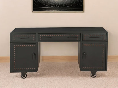 63" Gray Metal Executive Desk With Two Cabinets Three Drawers HomeRoots