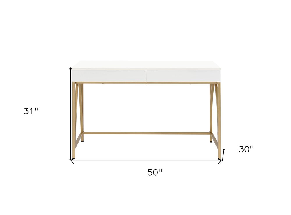 50" White and Gold Writing Desk With Two Drawers HomeRoots