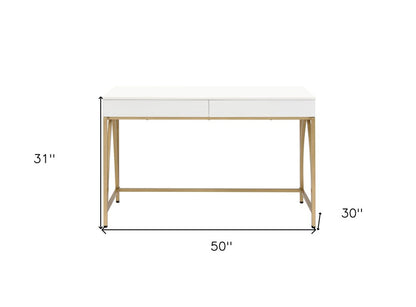 50" White and Gold Writing Desk With Two Drawers HomeRoots