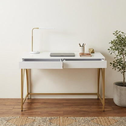 50" White and Gold Writing Desk With Two Drawers HomeRoots