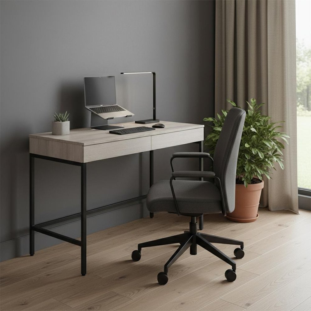 42" Natural and Black Writing Desk With Two Drawers HomeRoots