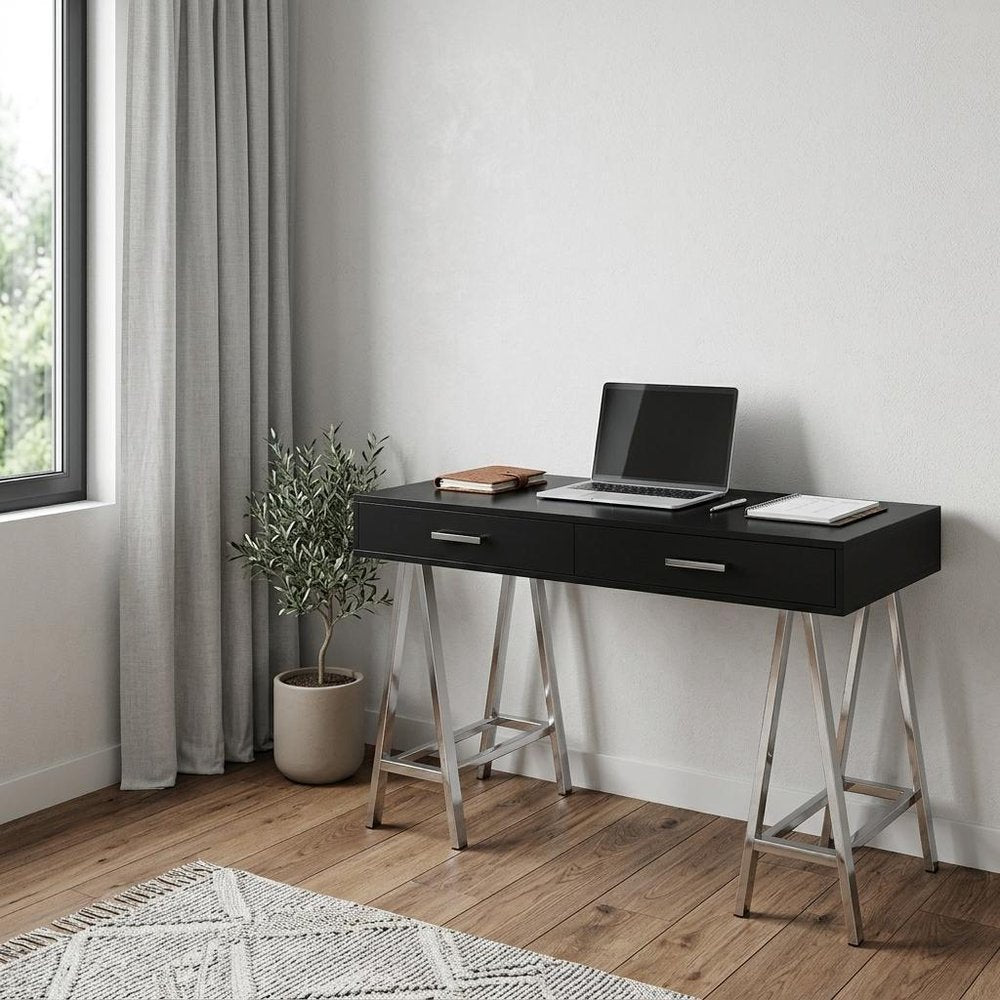 54" Black and Silver Writing Desk With Two Drawers HomeRoots