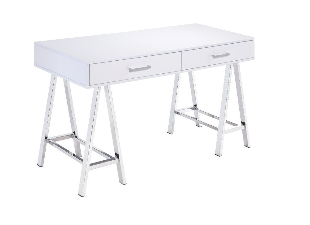 54" White and Silver Writing Desk With Two Drawers HomeRoots