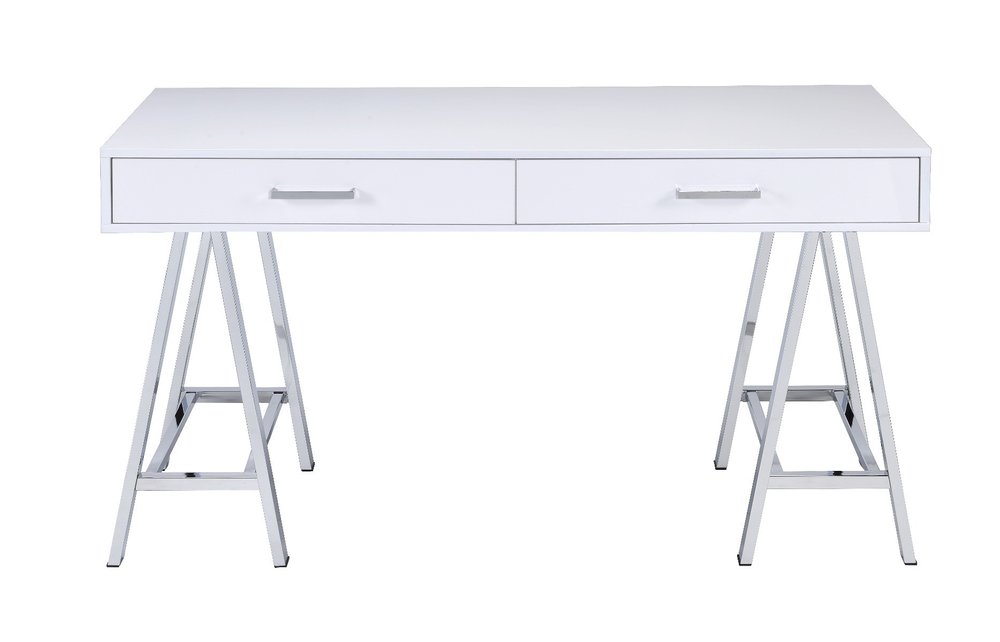 54" White and Silver Writing Desk With Two Drawers HomeRoots