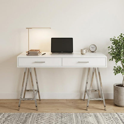 54" White and Silver Writing Desk With Two Drawers HomeRoots