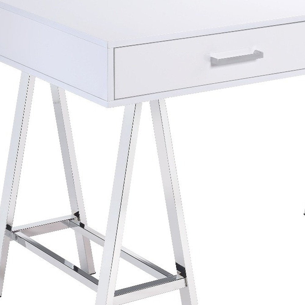 54" White and Silver Writing Desk With Two Drawers HomeRoots