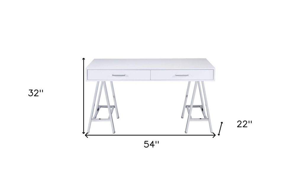 54" White and Silver Writing Desk With Two Drawers HomeRoots