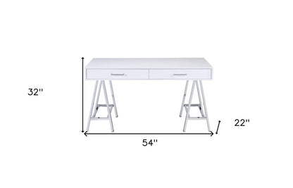 54" White and Silver Writing Desk With Two Drawers HomeRoots