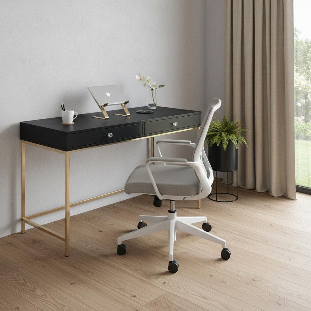 47" Black and Gold Writing Desk With Two Drawers HomeRoots