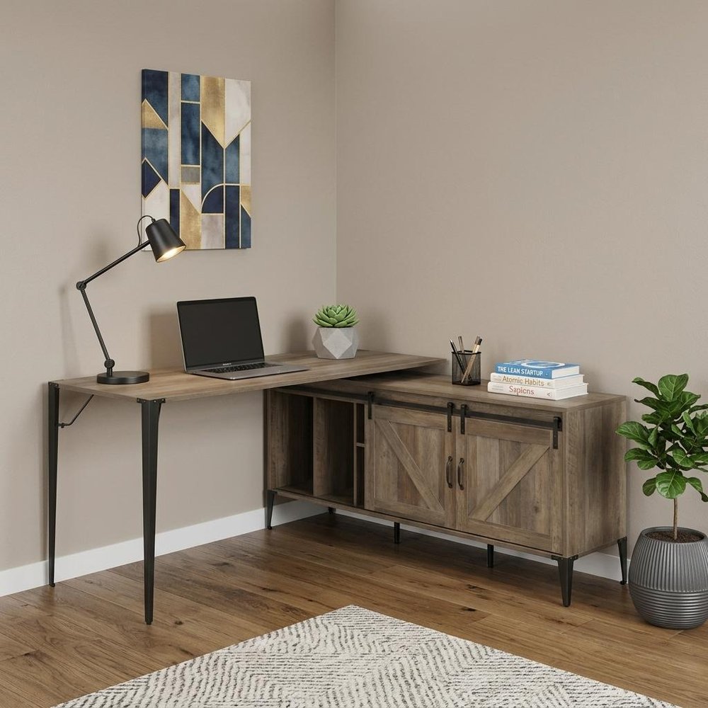 65" Brown and Black L Shape Writing Desk HomeRoots